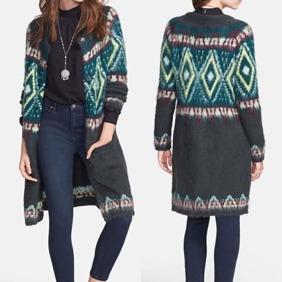 Free PEOPLE Frosted Fair Isle Mohair Wool Snap Button Midi Knit Cardigan‎ XS - Picture 2 of 11